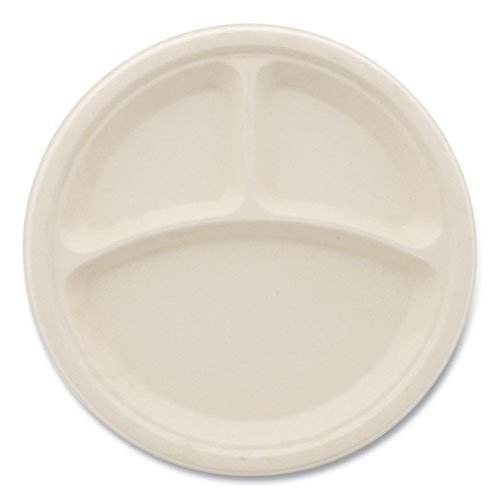 Bagasse PFAS-Free Dinnerware, 3-Compartment Plate, 10" dia, Tan, 500/Carton. Picture 2