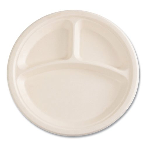 Bagasse PFAS-Free Dinnerware, 3-Compartment Plate, 10" dia, Tan, 500/Carton. Picture 3