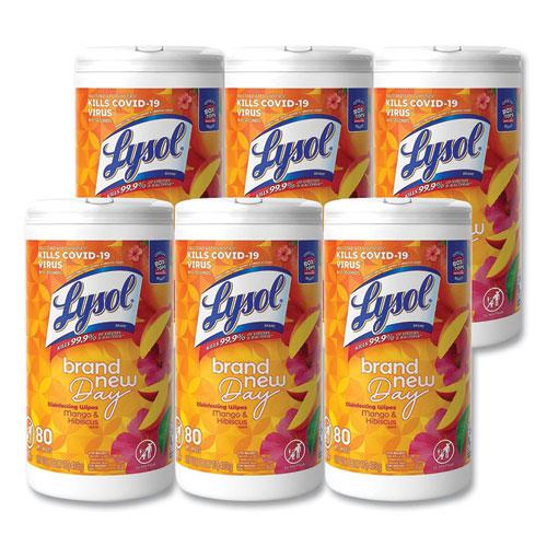 Disinfecting Wipes, 1-Ply, 7 x 7.25, Mango and Hibiscus, White, 80 Wipes/Canister, 6 Canisters/Carton. Picture 1