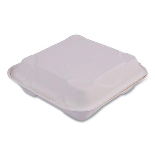 Bagasse Hinged Clamshell Containers, 9 x 9 x 3, White, Sugarcane, 50/Pack, 4 Packs/Carton. Picture 1