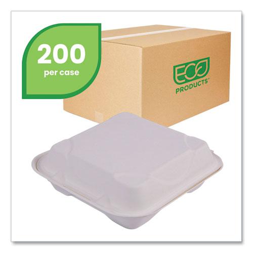 Bagasse Hinged Clamshell Containers, 9 x 9 x 3, White, Sugarcane, 50/Pack, 4 Packs/Carton. Picture 2