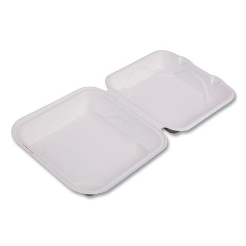 Bagasse Hinged Clamshell Containers, 9 x 9 x 3, White, Sugarcane, 50/Pack, 4 Packs/Carton. Picture 3