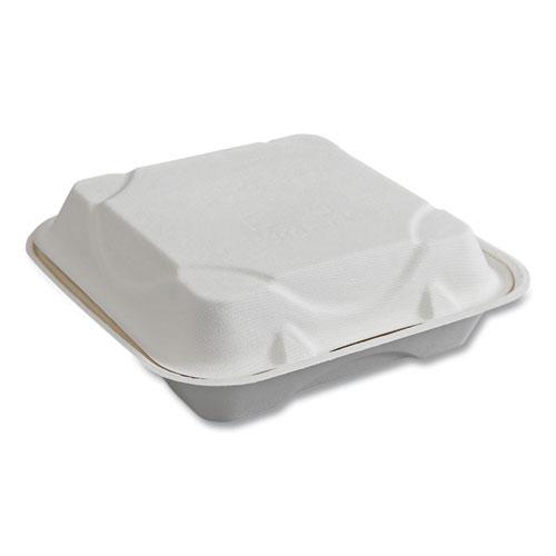 Vanguard Renewable and Compostable Sugarcane Clamshells, 1-Compartment, 9 x 9 x 3, White, 200/Carton. Picture 1