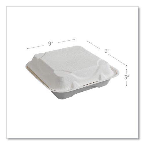 Vanguard Renewable and Compostable Sugarcane Clamshells, 1-Compartment, 9 x 9 x 3, White, 200/Carton. Picture 3