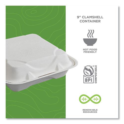 Vanguard Renewable and Compostable Sugarcane Clamshells, 1-Compartment, 9 x 9 x 3, White, 200/Carton. Picture 4