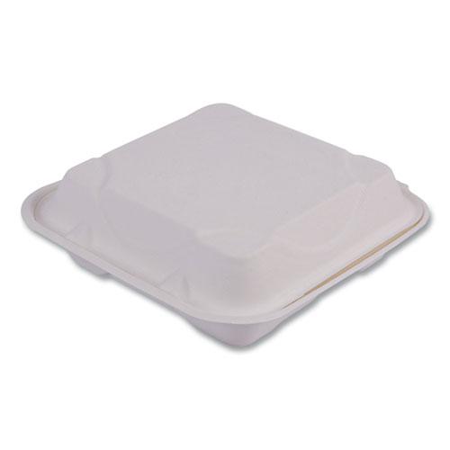 Bagasse Hinged Clamshell Containers, 3-Compartment, 9 x 9 x 3, White, Sugarcane, 50/Pack, 4 Packs/Carton. Picture 1