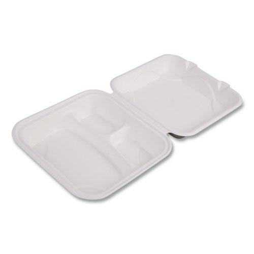 Bagasse Hinged Clamshell Containers, 3-Compartment, 9 x 9 x 3, White, Sugarcane, 50/Pack, 4 Packs/Carton. Picture 2
