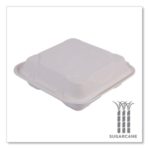 Bagasse Hinged Clamshell Containers, 3-Compartment, 9 x 9 x 3, White, Sugarcane, 50/Pack, 4 Packs/Carton. Picture 4