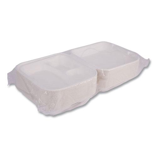 Bagasse Hinged Clamshell Containers, 3-Compartment, 9 x 9 x 3, White, Sugarcane, 50/Pack, 4 Packs/Carton. Picture 5
