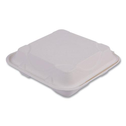 Vanguard Renewable and Compostable Sugarcane Clamshells, 3-Compartment, 9 x 9 x 3, White, 200/Carton. Picture 1