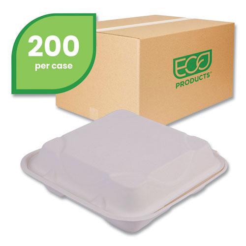 Vanguard Renewable and Compostable Sugarcane Clamshells, 3-Compartment, 9 x 9 x 3, White, 200/Carton. Picture 2