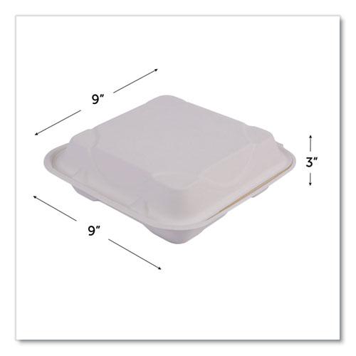 Vanguard Renewable and Compostable Sugarcane Clamshells, 3-Compartment, 9 x 9 x 3, White, 200/Carton. Picture 4