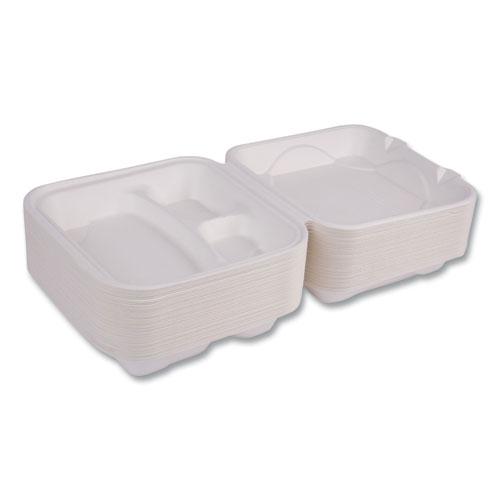Vanguard Renewable and Compostable Sugarcane Clamshells, 3-Compartment, 9 x 9 x 3, White, 200/Carton. Picture 6