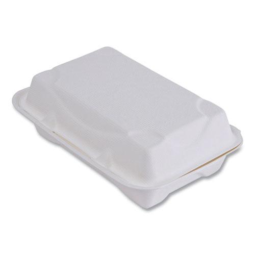 Vanguard Renewable and Compostable Sugarcane Clamshells, 1-Compartment, 9 x 6 x 3, White, 250/Carton. Picture 1