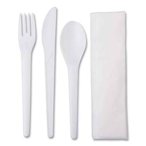 Plantware Compostable Cutlery Kit, Knife/Fork/Spoon/Napkin, 6", Pearl White, 250 Kits/Carton. Picture 1