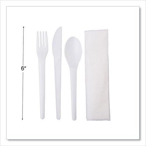 Plantware Compostable Cutlery Kit, Knife/Fork/Spoon/Napkin, 6", Pearl White, 250 Kits/Carton. Picture 2