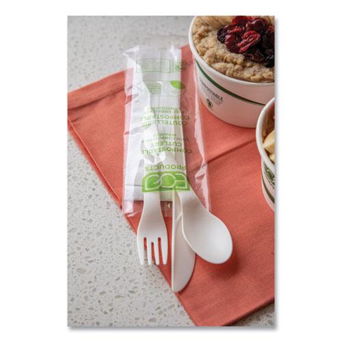 Plantware Compostable Cutlery Kit, Knife/Fork/Spoon/Napkin, 6", Pearl White, 250 Kits/Carton. Picture 4