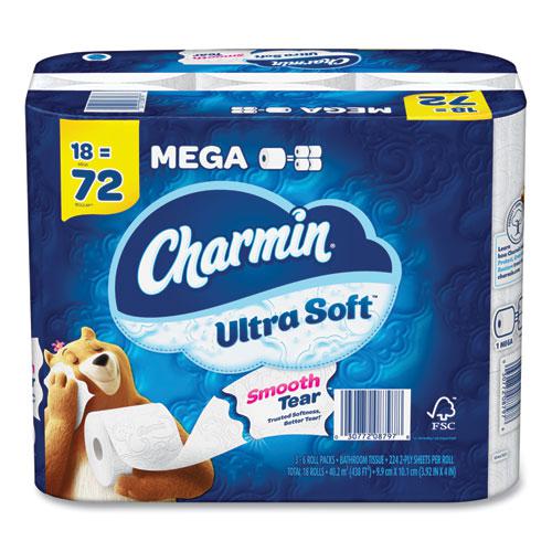 Ultra Soft Bathroom Tissue, Mega Roll, Septic Safe, 2-Ply, White, 224 Sheets/Roll, 18 Rolls/Carton. Picture 1