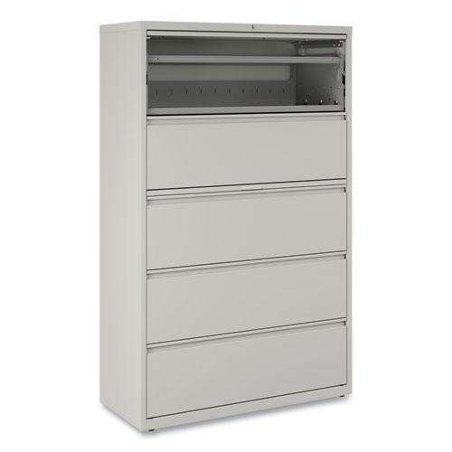 Lateral File, 5 Legal/Letter/A4/A5-Size File Drawers, 1 Roll-Out Posting Shelf, Light Gray, 42" x 18.63" x 67.63". Picture 9