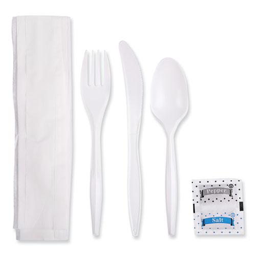 Cutlery Kit, Plastic Fork/Spoon/Knife/Salt/Polypropylene/Napkin, White, 250/Carton. Picture 1