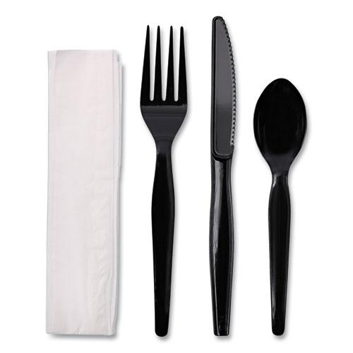 Four-Piece Cutlery Kit, Fork/Knife/Napkin/Teaspoon, Heavyweight, Black, 250/Carton. Picture 1