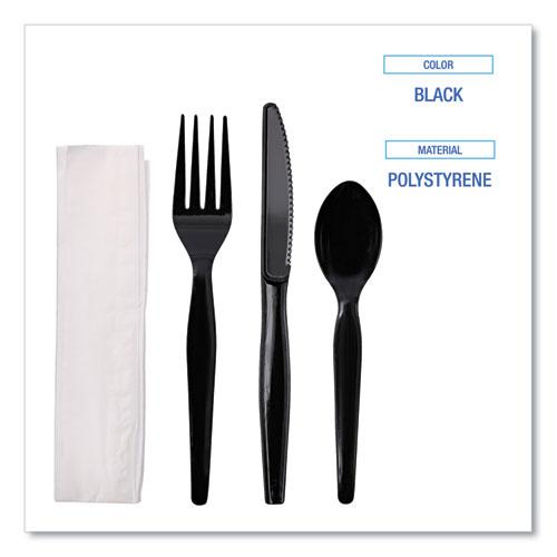 Four-Piece Cutlery Kit, Fork/Knife/Napkin/Teaspoon, Heavyweight, Black, 250/Carton. Picture 3