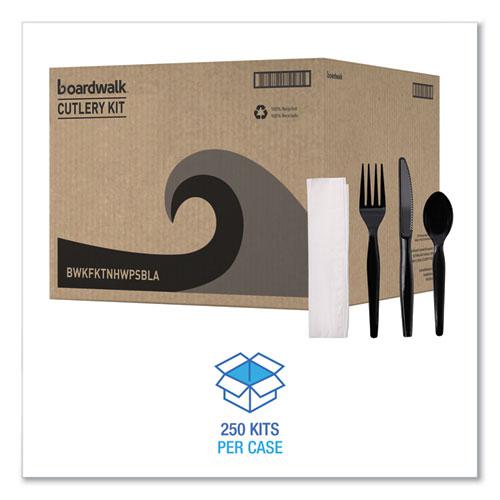 Four-Piece Cutlery Kit, Fork/Knife/Napkin/Teaspoon, Heavyweight, Black, 250/Carton. Picture 4
