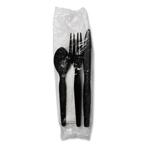 Four-Piece Cutlery Kit, Fork/Knife/Napkin/Teaspoon, Heavyweight, Black, 250/Carton. Picture 5