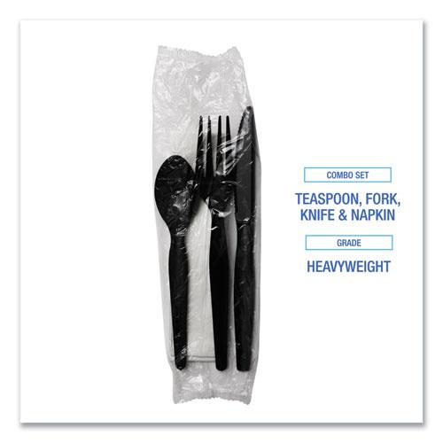 Four-Piece Cutlery Kit, Fork/Knife/Napkin/Teaspoon, Heavyweight, Black, 250/Carton. Picture 6