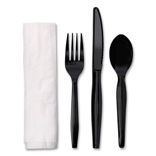 Four-Piece Cutlery Kit, Fork/Knife/Napkin/Teaspoon, Black, 250/Carton. Picture 1
