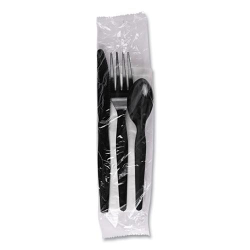 Four-Piece Cutlery Kit, Fork/Knife/Napkin/Teaspoon, Black, 250/Carton. Picture 3