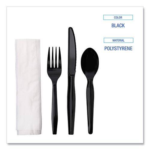 Four-Piece Cutlery Kit, Fork/Knife/Napkin/Teaspoon, Black, 250/Carton. Picture 5