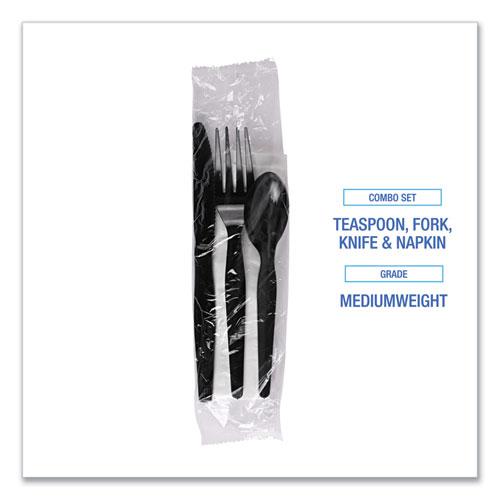 Four-Piece Cutlery Kit, Fork/Knife/Napkin/Teaspoon, Black, 250/Carton. Picture 6
