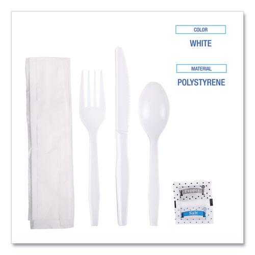 Six-Piece Cutlery Kit, Condiment/Fork/Knife/Napkin/Teaspoon, White, 250/Carton. Picture 5