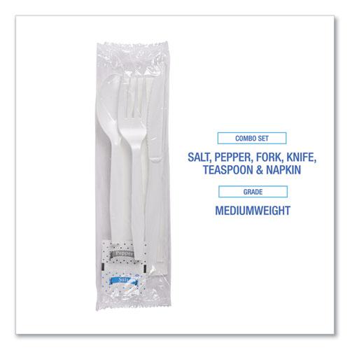Six-Piece Cutlery Kit, Condiment/Fork/Knife/Napkin/Teaspoon, White, 250/Carton. Picture 6