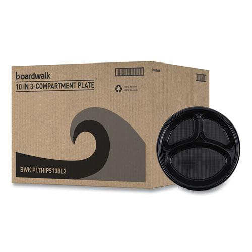 Hi-Impact Plastic Dinnerware, Plate, 3-Compartment, 10" dia, Black, 125/Sleeve, 4 Sleeves/Carton. Picture 2