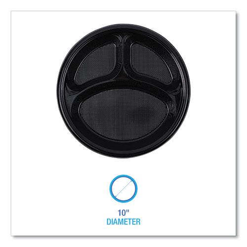 Hi-Impact Plastic Dinnerware, Plate, 3-Compartment, 10" dia, Black, 125/Sleeve, 4 Sleeves/Carton. Picture 3