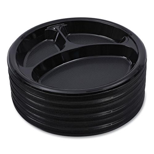 Hi-Impact Plastic Dinnerware, Plate, 3-Compartment, 10" dia, Black, 125/Sleeve, 4 Sleeves/Carton. Picture 7