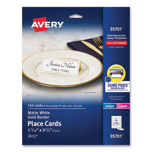 Tent Cards, White/Gold, 3.75" x 1.44", 6 Cards/Sheet, 25 Sheets/Pack. Picture 1