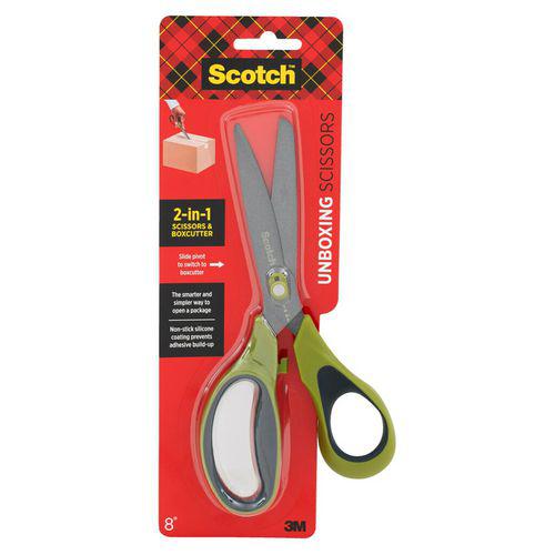Non-Stick Unboxing Scissors, 8" Long, 2.7" Cut Length, Green/Black Handle. Picture 1
