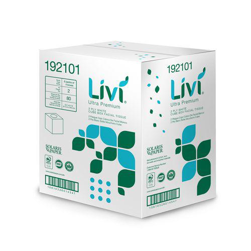 Livi Ultra Premium Facial Tissue, 2-Ply, White, Cube Box, 80 Sheets/Box, 4 Boxes/Pack, 6 Packs/Carton. Picture 4