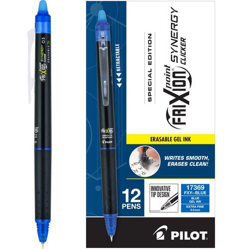 FriXion Synergy Clicker Erasable Gel Pen, Retractable, Extra-Fine 0.5 mm, Blue Ink, Black/Blue Barrel, Dozen. Picture 1
