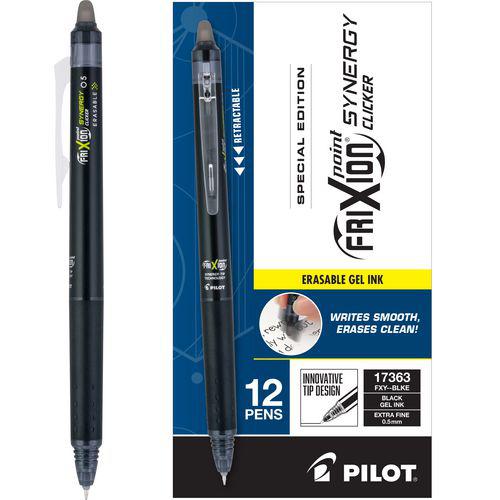 FriXion Synergy Clicker Erasable Gel Pen, Retractable, Extra-Fine 0.5 mm, Black Ink, Black/Smoke Barrel, Dozen. Picture 1