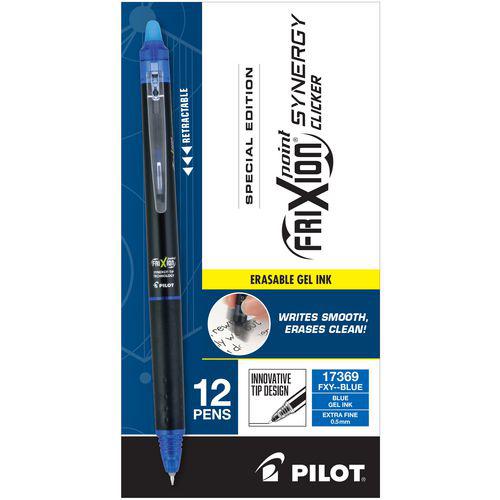 FriXion Synergy Clicker Erasable Gel Pen, Retractable, Extra-Fine 0.5 mm, Blue Ink, Black/Blue Barrel, Dozen. Picture 2