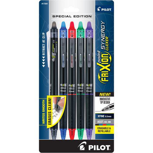 FriXion Synergy Clicker Erasable Gel Pen, Retractable, Extra-Fine 0.5 mm, Assorted Ink/Barrel Colors, 5/Pack. Picture 1