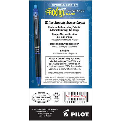 FriXion Synergy Clicker Erasable Gel Pen, Retractable, Extra-Fine 0.5 mm, Blue Ink, Black/Blue Barrel, Dozen. Picture 3