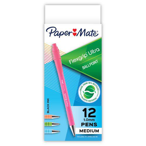 FlexGrip Ultra Recycled Ballpoint Pen, Retractable, Medium, 1 mm, Black Ink, Assorted Barrels, Dozen. Picture 1