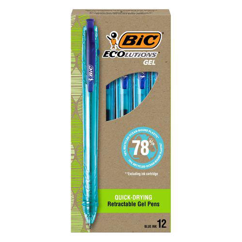 Ecolutions Gel Pen, Retractable, Medium 1 mm, Blue Ink, Blue Barrel, Dozen. Picture 1