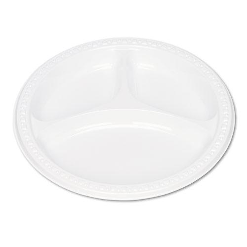 Plastic Dinnerware, Compartment Plates, 9" dia, White, 125/Pack. Picture 1