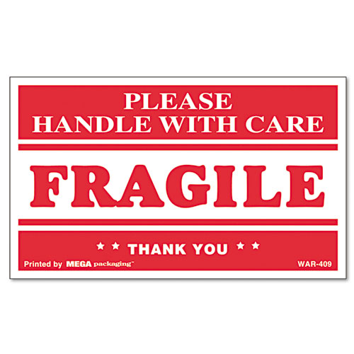 Printed Message Self-Adhesive Shipping Labels, FRAGILE Handle with Care, 3 x 5, Red/Clear, 500/Roll. Picture 1